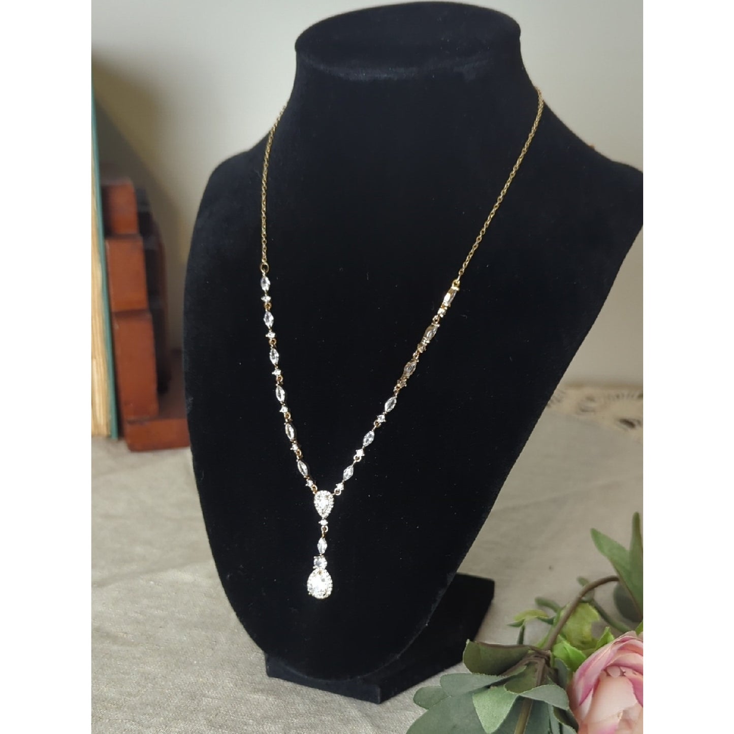 Gold Tone CZ Vine Drop Necklace  Soft Glam Bridal Inspired  Romantic Statement