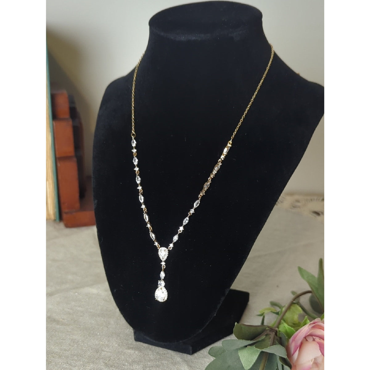 Gold Tone CZ Vine Drop Necklace  Soft Glam Bridal Inspired  Romantic Statement