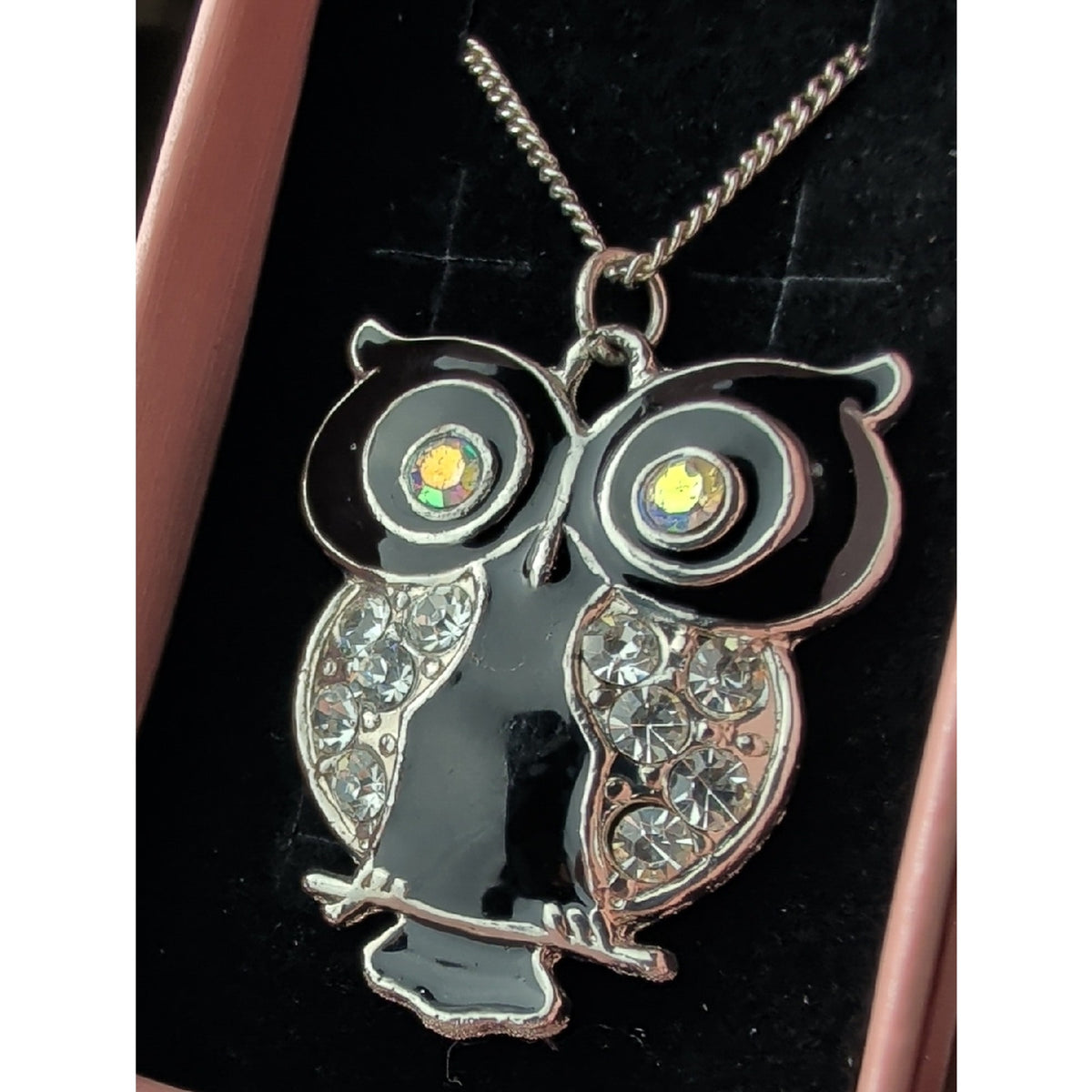 Vintage Black Enamel Owl Pendant Necklace Large 2" Rhinestone Glass Crystal