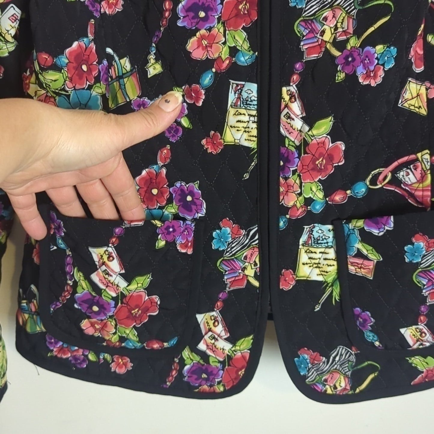 Vintage Quilted Stitched Art to Wear Zip-up Jacket Floral Stationary  Women's Sma…