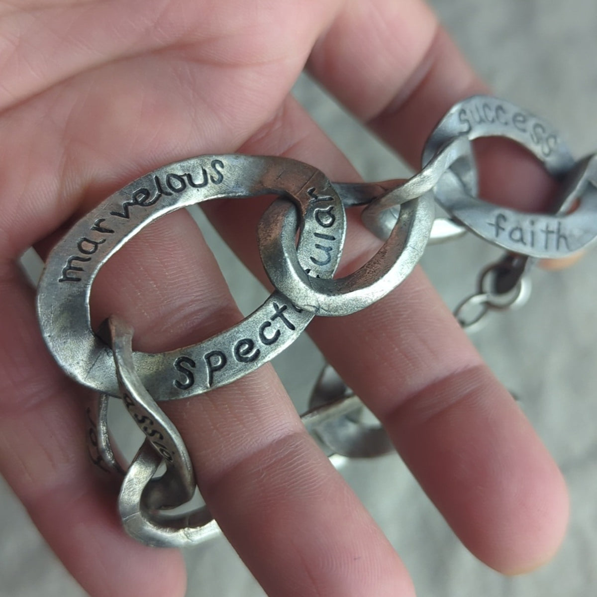 Vintage Pewter-Tone Inspirational Link Bracelet Hand-Stamped Word Jewelry Art