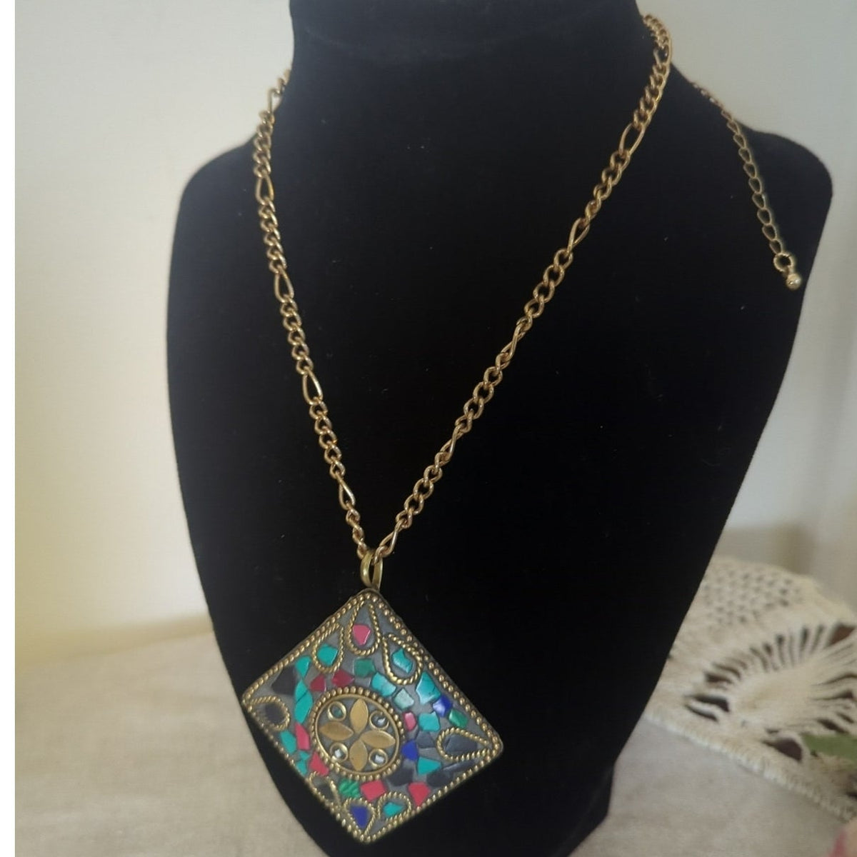 Large Tibetan Style Mosaic Pendant Necklace Y2K Boho Statement Art To Wear