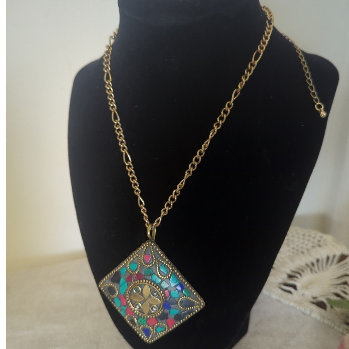 Large Tibetan Style Mosaic Pendant Necklace Y2K Boho Statement Art To Wear