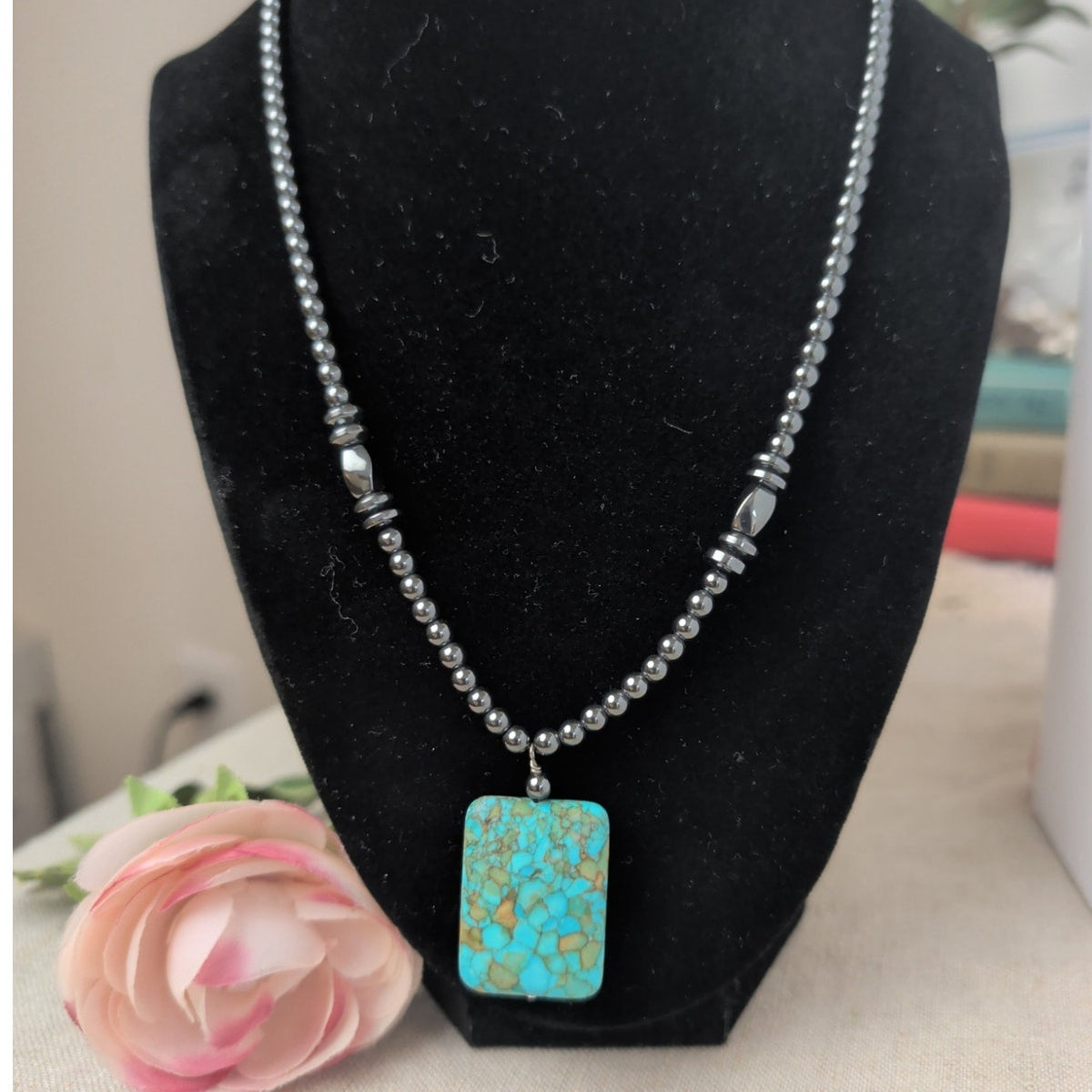 Natural Hematite With Dyed Howlite Crackled Turquoise Pendant  Necklace