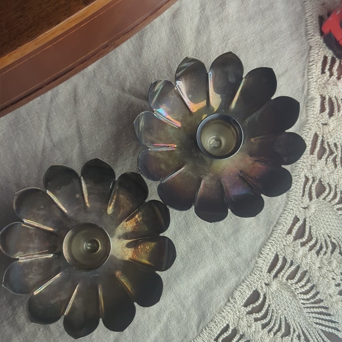 Vintage Silver Plated Candlestick Holders Floral Petal Lotus Hollywood Regency