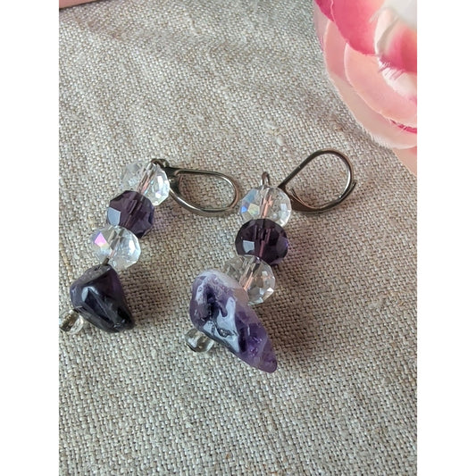 Artisan Sterling Silver Amethyst & Crystal Dangle Earrings