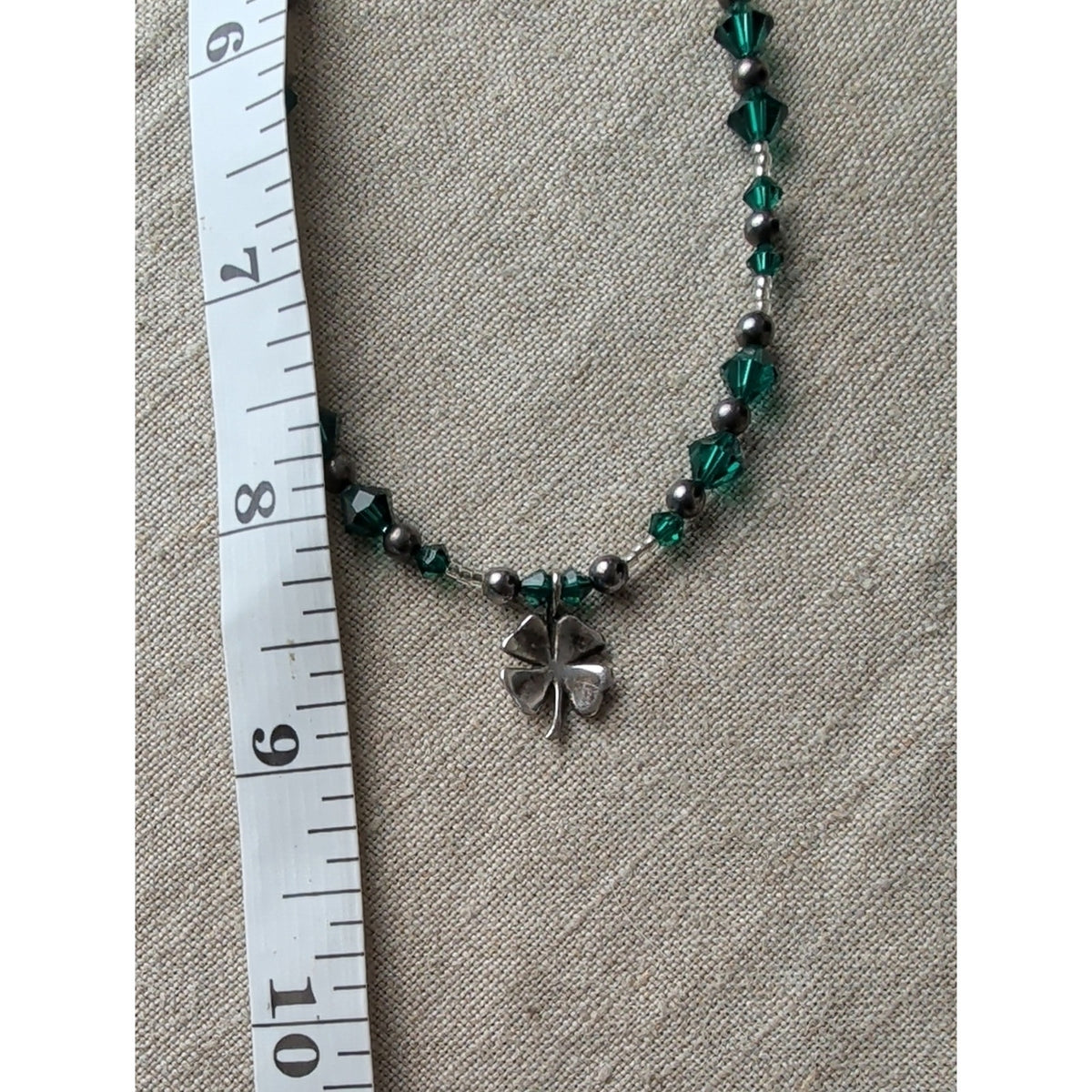 Vintage Sterling Silver Four Leaf Clover Necklace Emerald Green Glass Beads