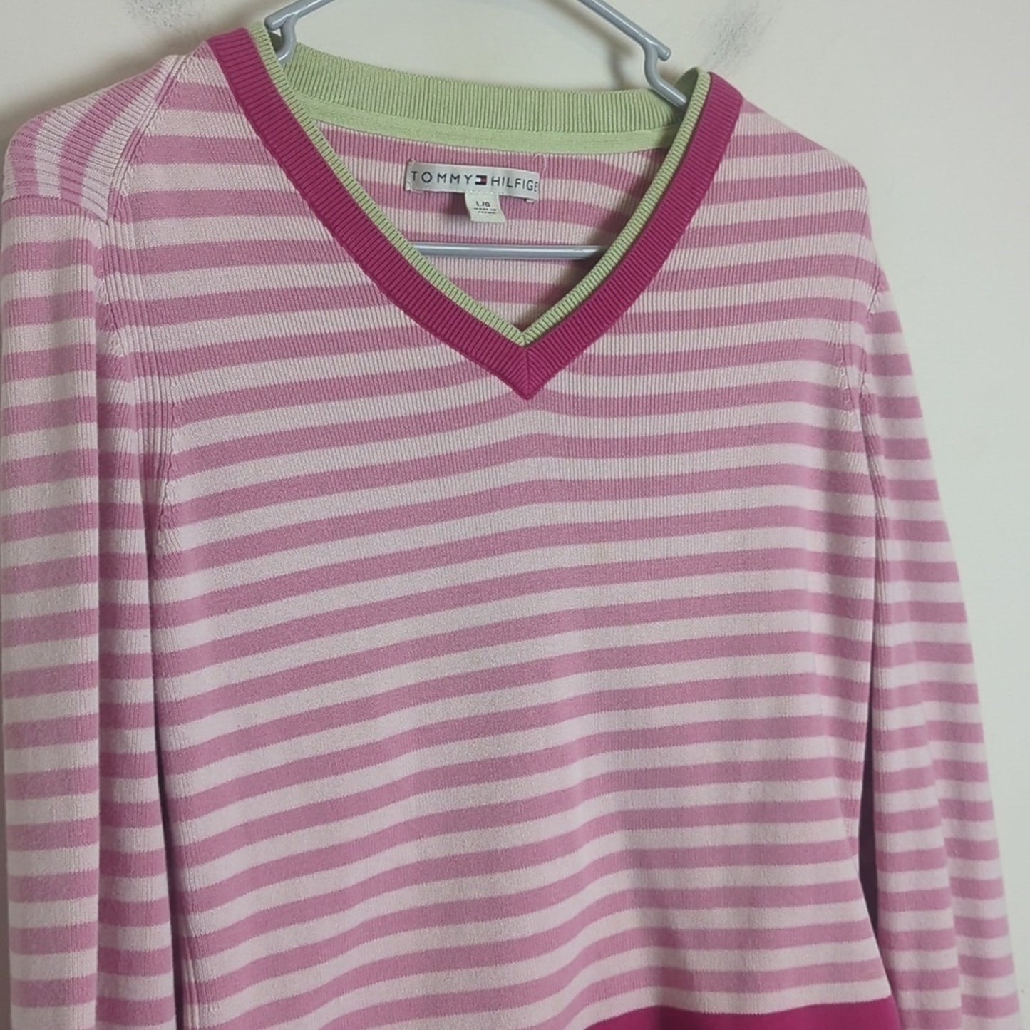 Y2K Tommy Hilfinger Cropped Preppy Tight Knit Sweater Pink Women's Size L