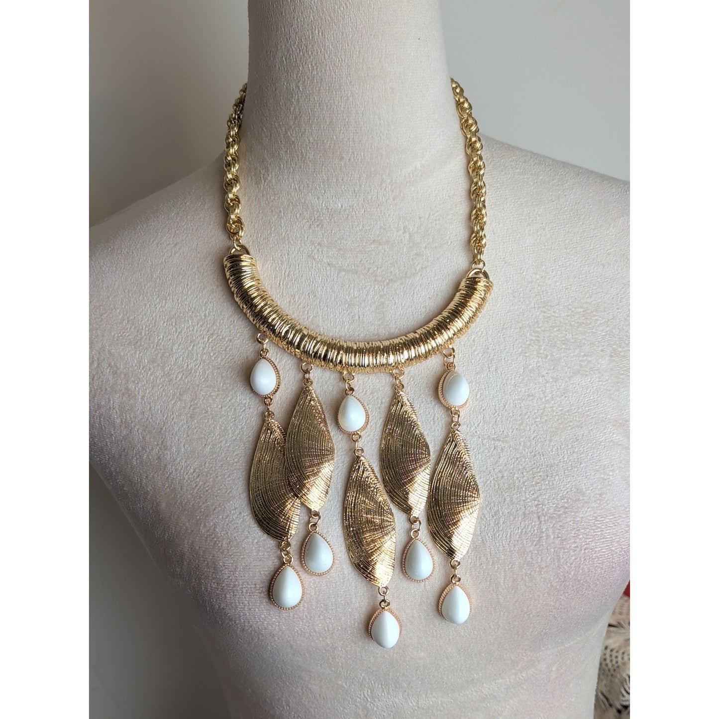 Lilly Pulitzer Gold Tone Statement Necklace Shell Fringe & White Glass Cabochons