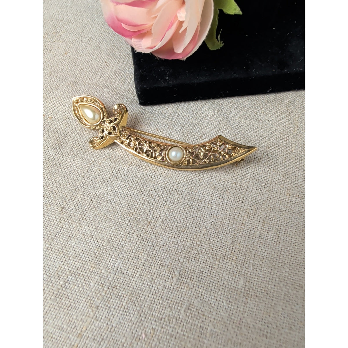1928 Signed Sword Brooch Gold Tone Faux Pearl Filigree Vintage Style Jewelry
