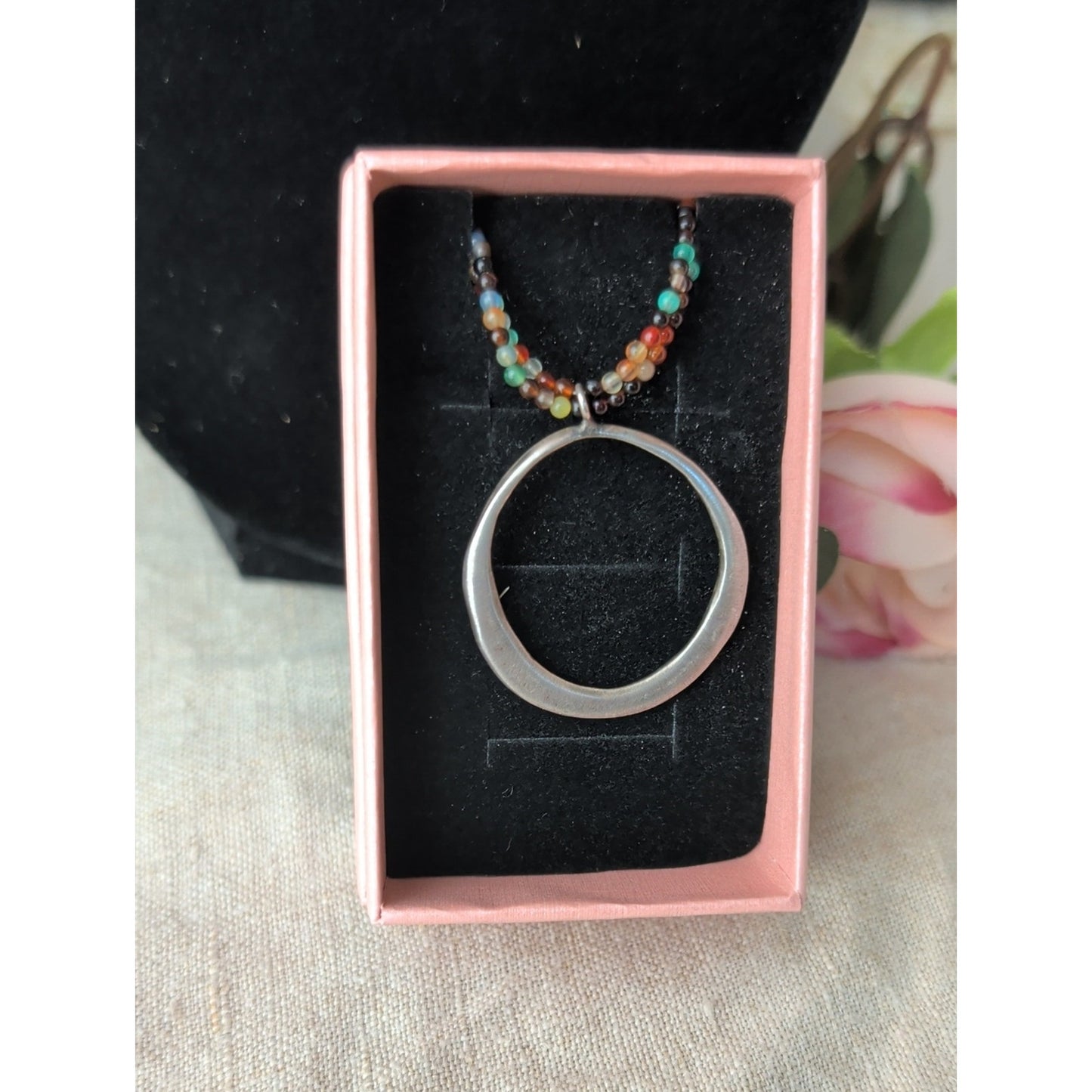 925 Sterling Silver Circle Pendant Necklace Double Strand Multicolor Seed Bead