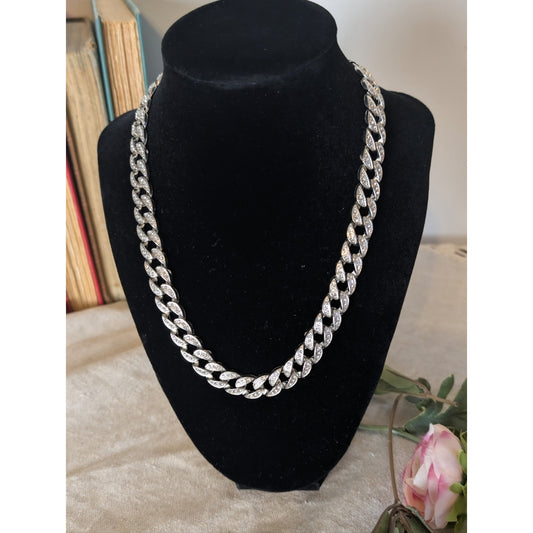 Y2K Rhinestone Cuban Link Necklace  Silver Tone Glam Chain  Pavé Crystal Detail