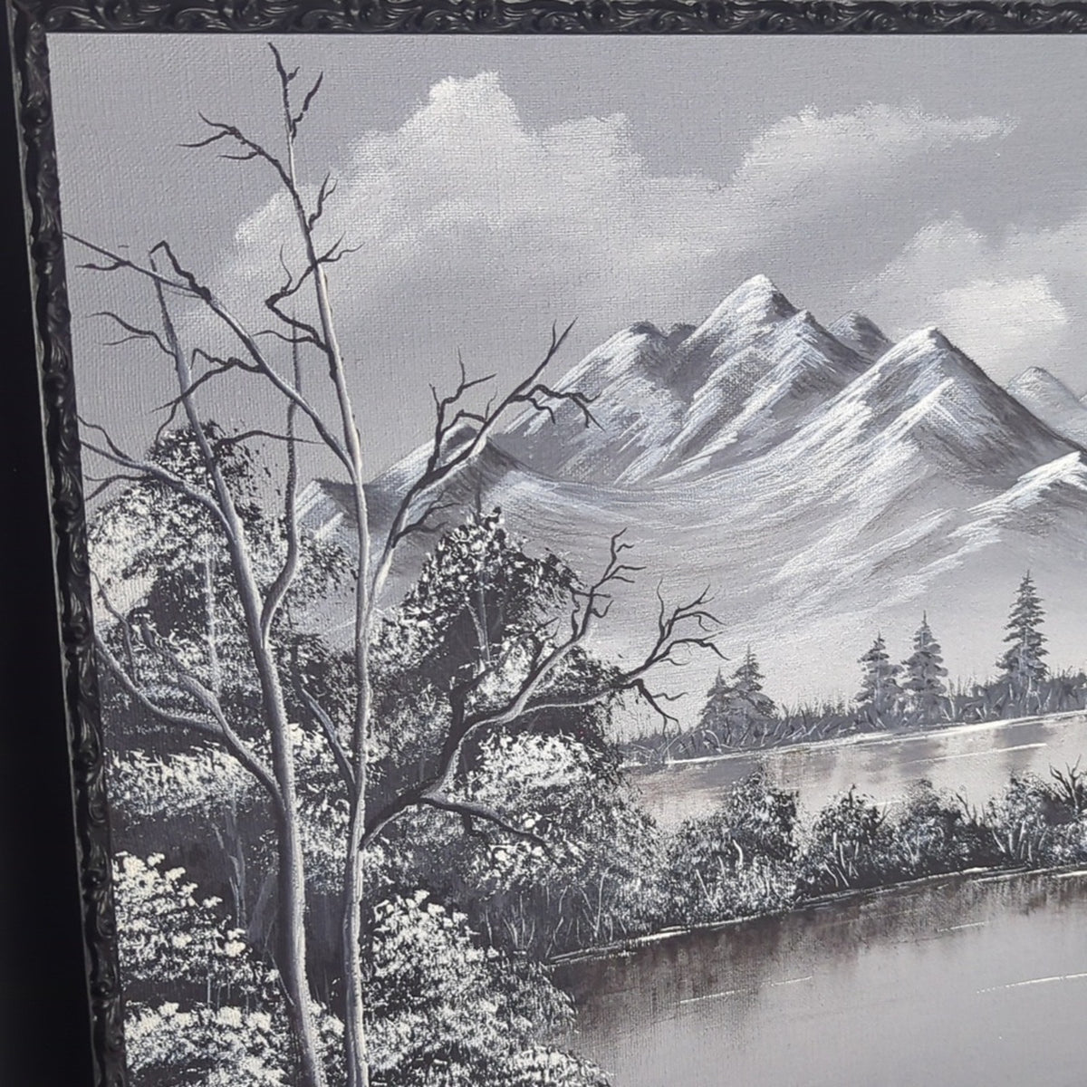 Moody Monochrome Mountain Landscape Art Framed Black & White Wall Decor