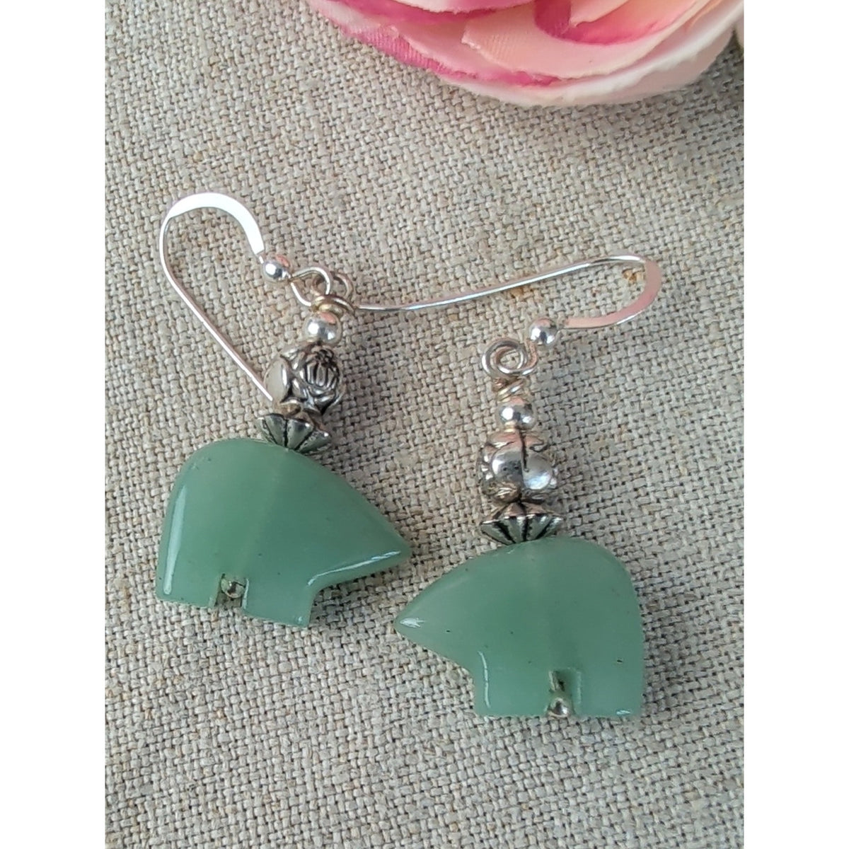 Sterling Silver Green Jadeite Bear Fetish Dangle Earrings Southwestern Artisan