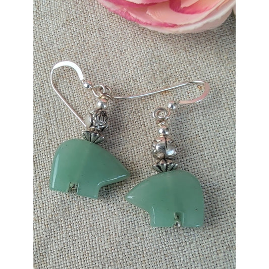Sterling Silver Green Jadeite Bear Fetish Dangle Earrings Southwestern Artisan