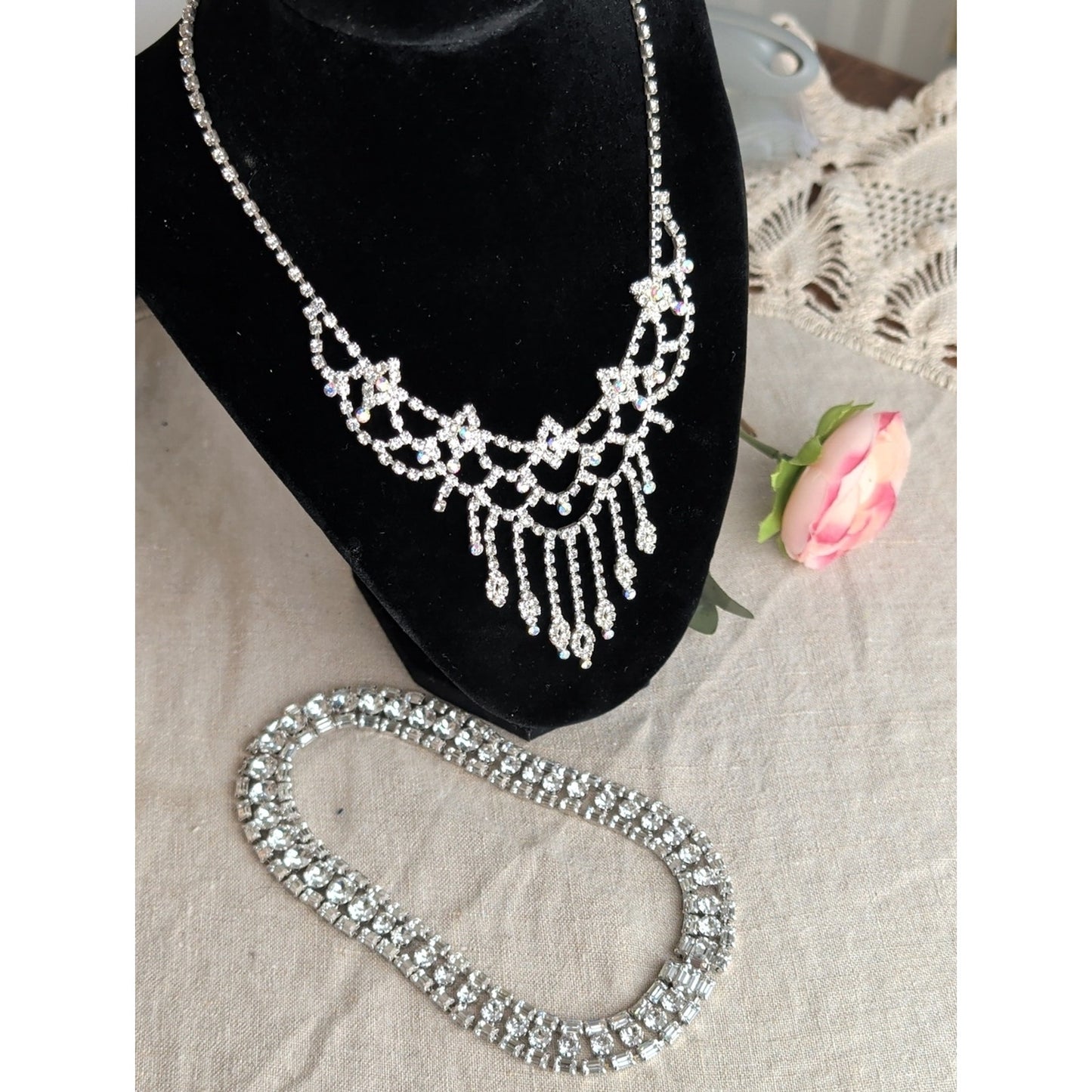 Vintage Rhinestone Necklace Set Old Hollywood Glam Bridal Statement Jewelry