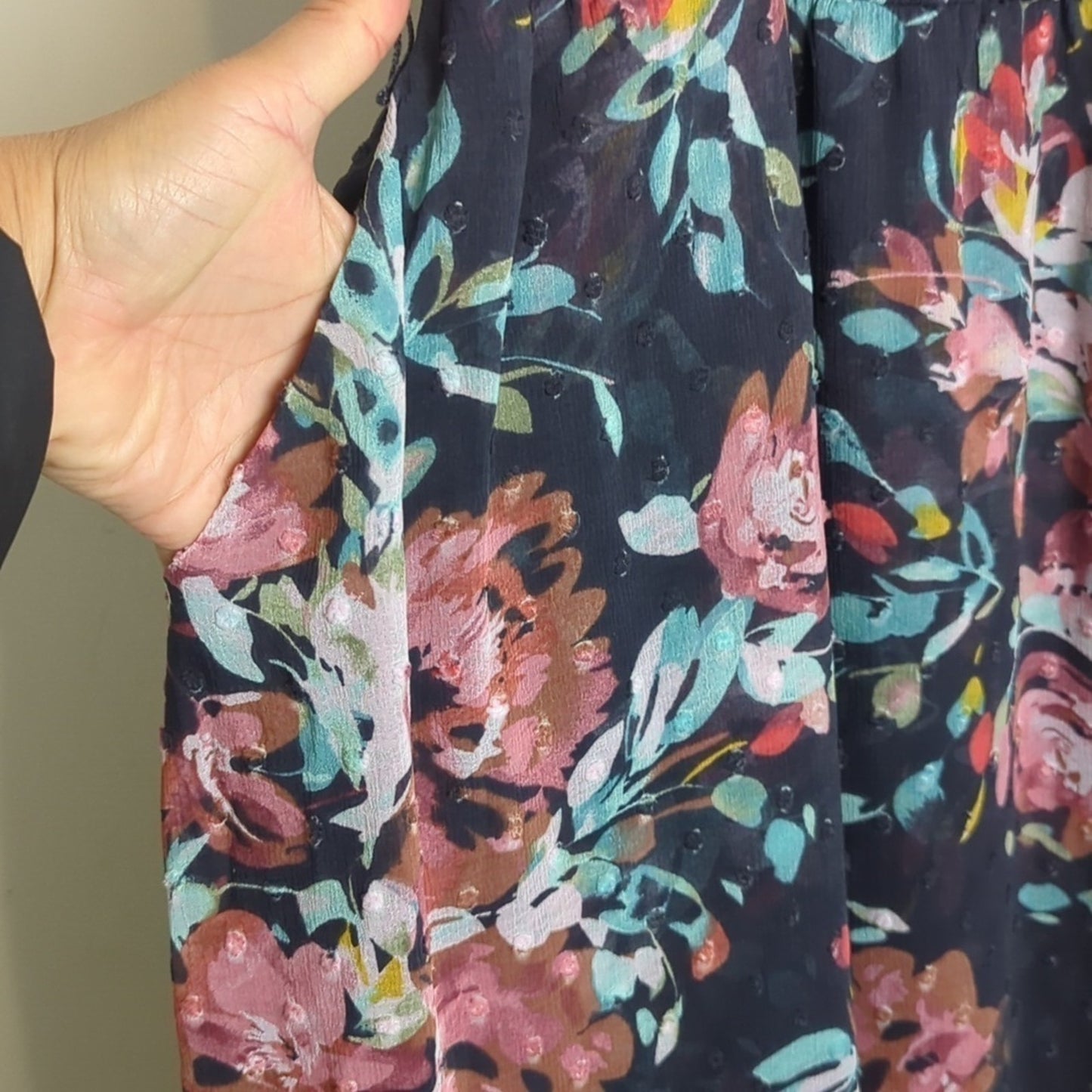 Dark Romantic Faux Wrap Dress High-Low Swiss Dot Floral Dark Grey Size M/L