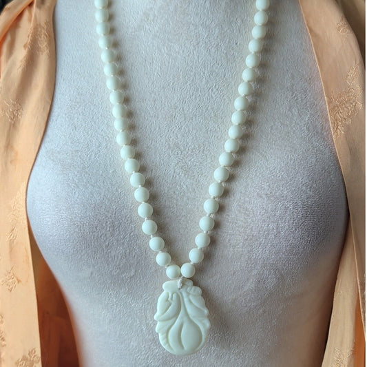 Vintage Milk Glass Carved Floral Pendant 60s/70s Knotted Bead Necklace