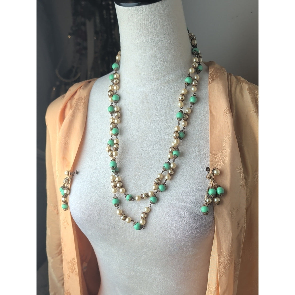 Vintage Seafoam Green Bead Glass Pearl Filigree Necklace & Screw Back Earrings