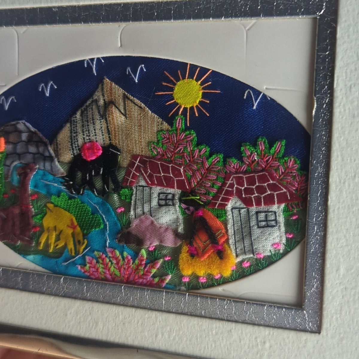 Framed Folk Boho Embroidery Patchwork Scene Hand-Stitched Textile Patchwork Art