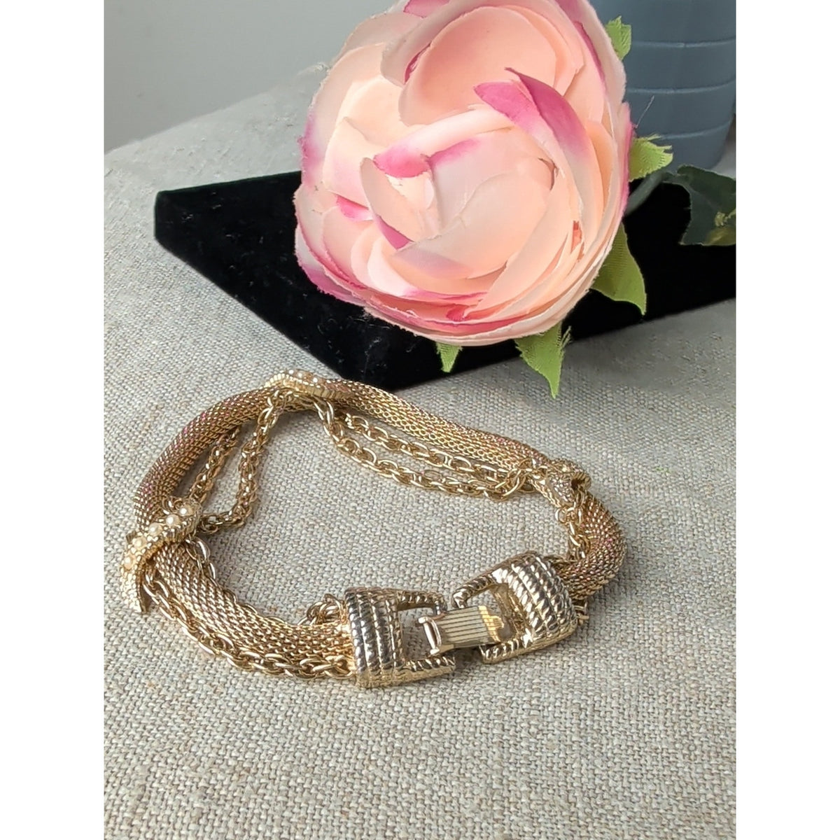 Vintage 1960s Goldette Gold Tone Mesh Bracelet Wide Woven Victorian Revival