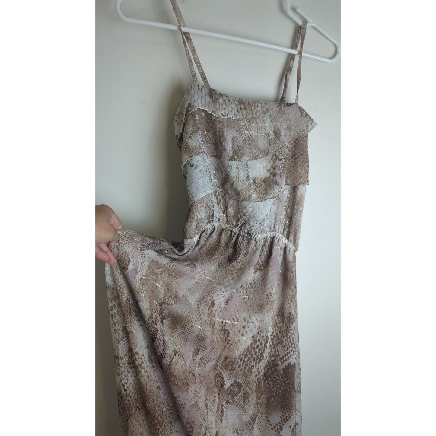 Whimsical Fairycore Maxi Dress Gold Shimmer Asymmetrical Ruffles Women's M