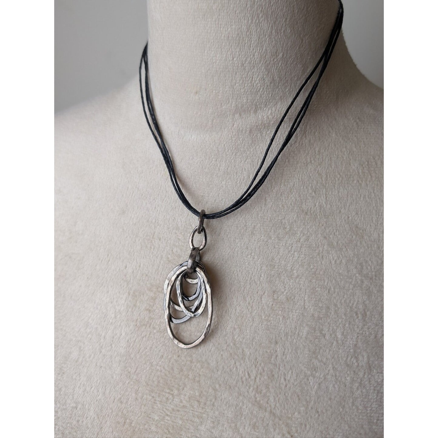 Artisan Hammered Silver Tested Multi Hoop Pendant Necklace Mixed Metal Modernist