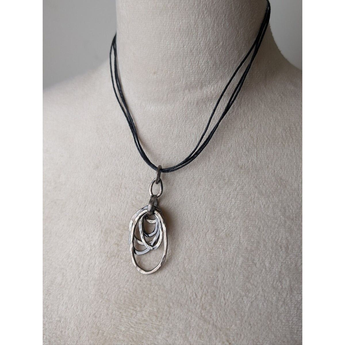 Artisan Hammered Silver Tested Multi Hoop Pendant Necklace Mixed Metal Modernist