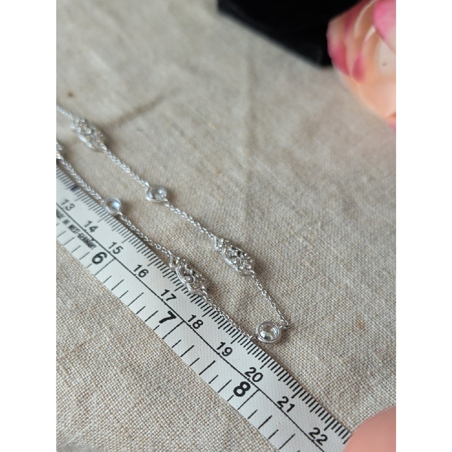 Nardi Venetian Revival Station Necklace CZ Filigree Silver Tone Art Deco Bridal