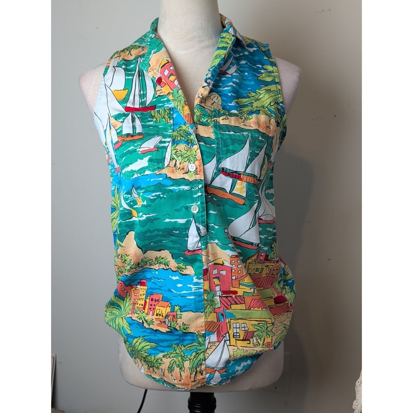 Vintage Bushwacker Sailboat Island Print Sleeveless Popover Top 90s Coastal