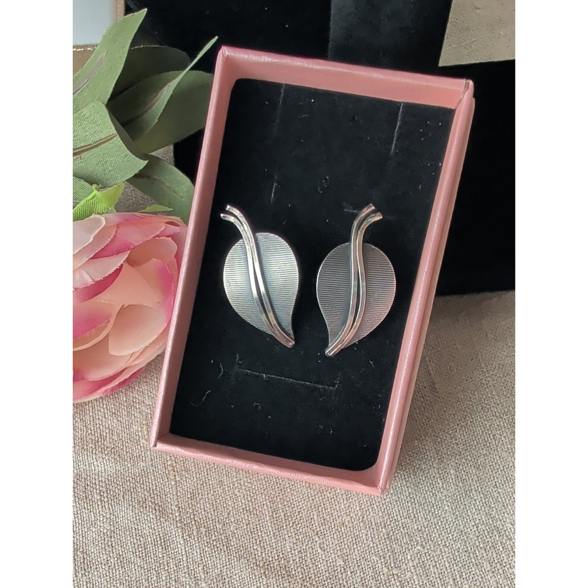 40's/50'sGermany Sterling Silver Leaf Earrings  Mid Century Screw Back Botanical
