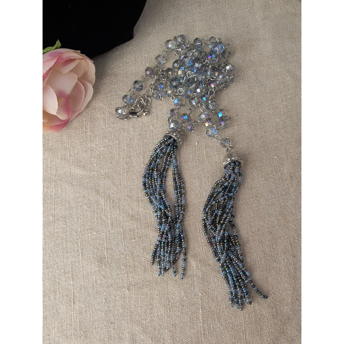 Beautiful Icy Blue AB Crystal Beaded Necklace Seed Bead Tassels 42"