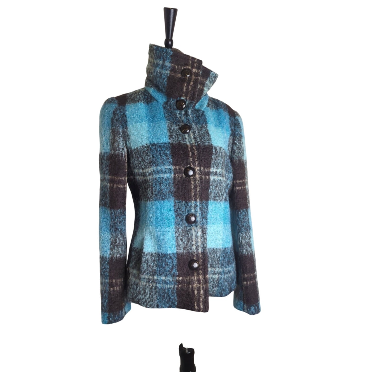 Vintage Mod Mohair Silk Wool Teal & Brown Plaid Lined Jacket Women's Size 8