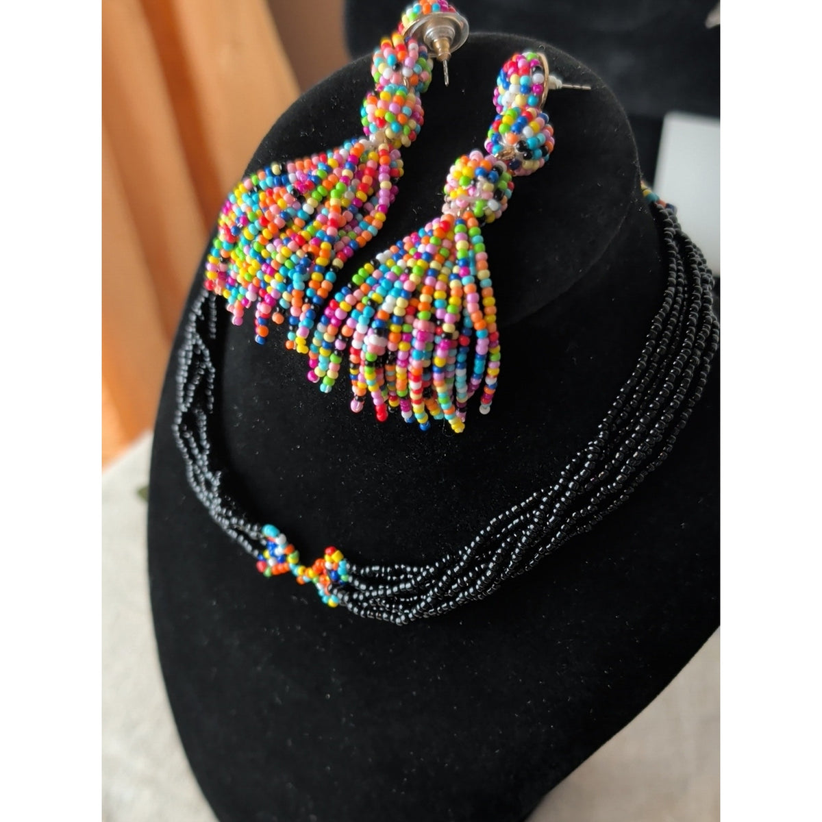 Colorful Seed Bead Statement Earrings Rainbow Tassel Boho Festival Artisan Style