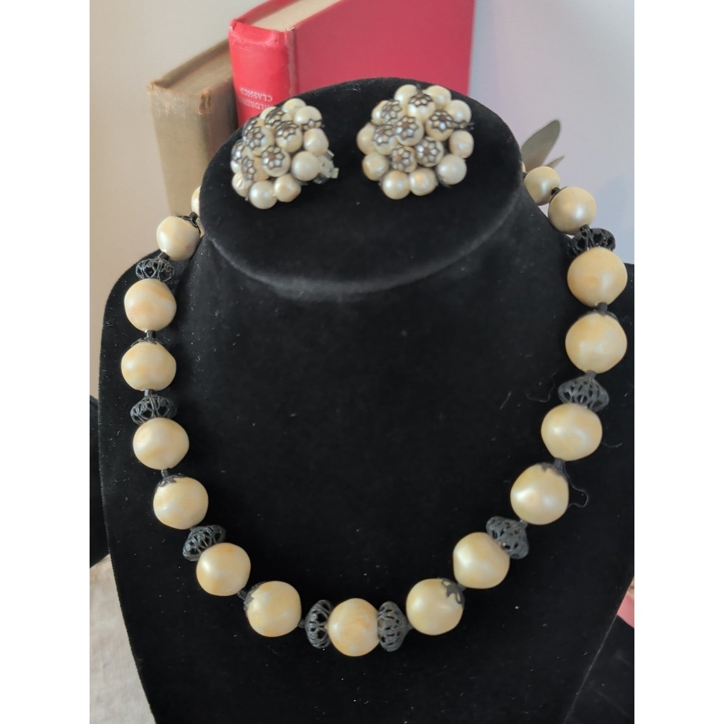 Signed Laguna Faux Pearl Necklace & Clip Earring Set Vintage 1950s Mid-Century