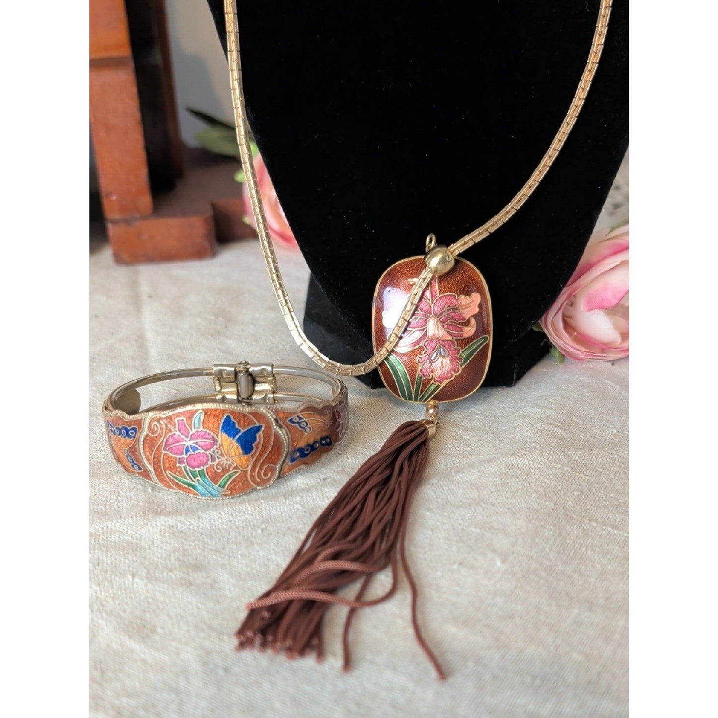 Vintage Cloisonné Style Orchid Tassel Necklace With Hinge Cuff Bracelet