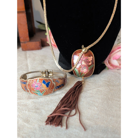 Vintage Cloisonné Style Orchid Tassel Necklace With Hinge Cuff Bracelet