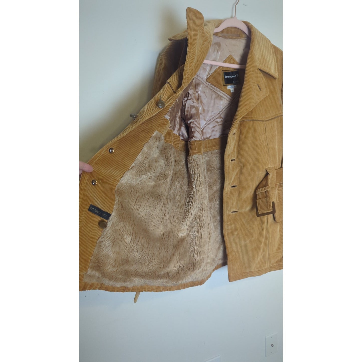 VTG 70s Towncraft Penneys Butterscotch Corduroy Belted That 70's Show Jacket Coat XL Faux Fur