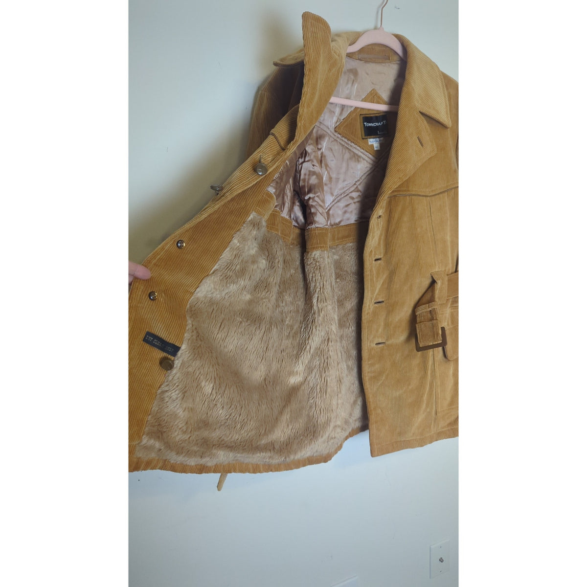 VTG 70s Towncraft Penneys Butterscotch Corduroy Belted That 70's Show Jacket Coat XL Faux Fur