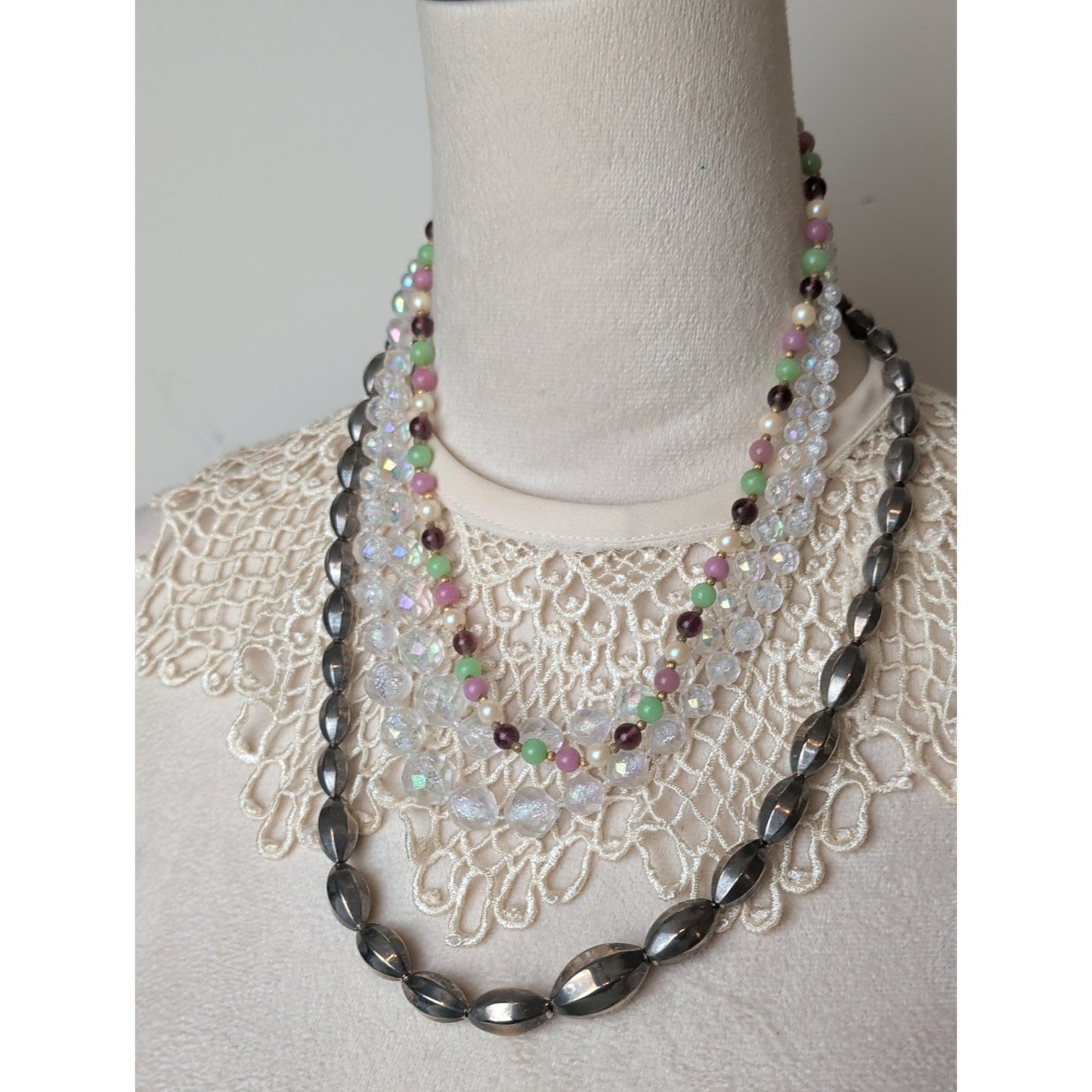 Curated Vintage Layered Necklace Trio Coquette Romantic Glass & Aurua Beads