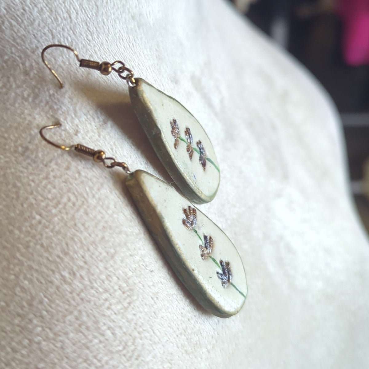 Vintage Hand-Painted Teardrop Earrings| Folk Art Floral Dangles Lightweight Wood