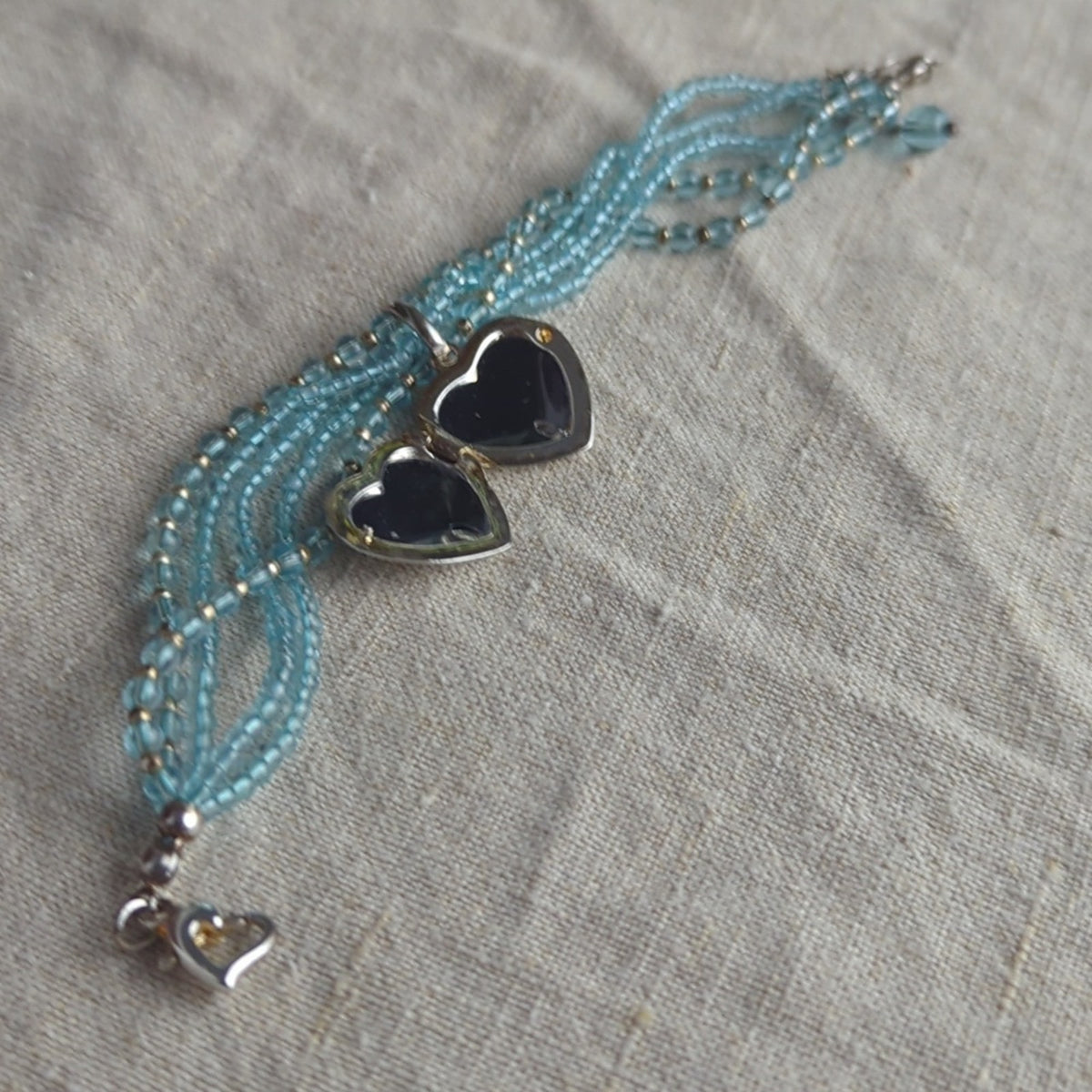 Vintage Blue Glass Beaded Bracelet Heart Locket Multi Strand