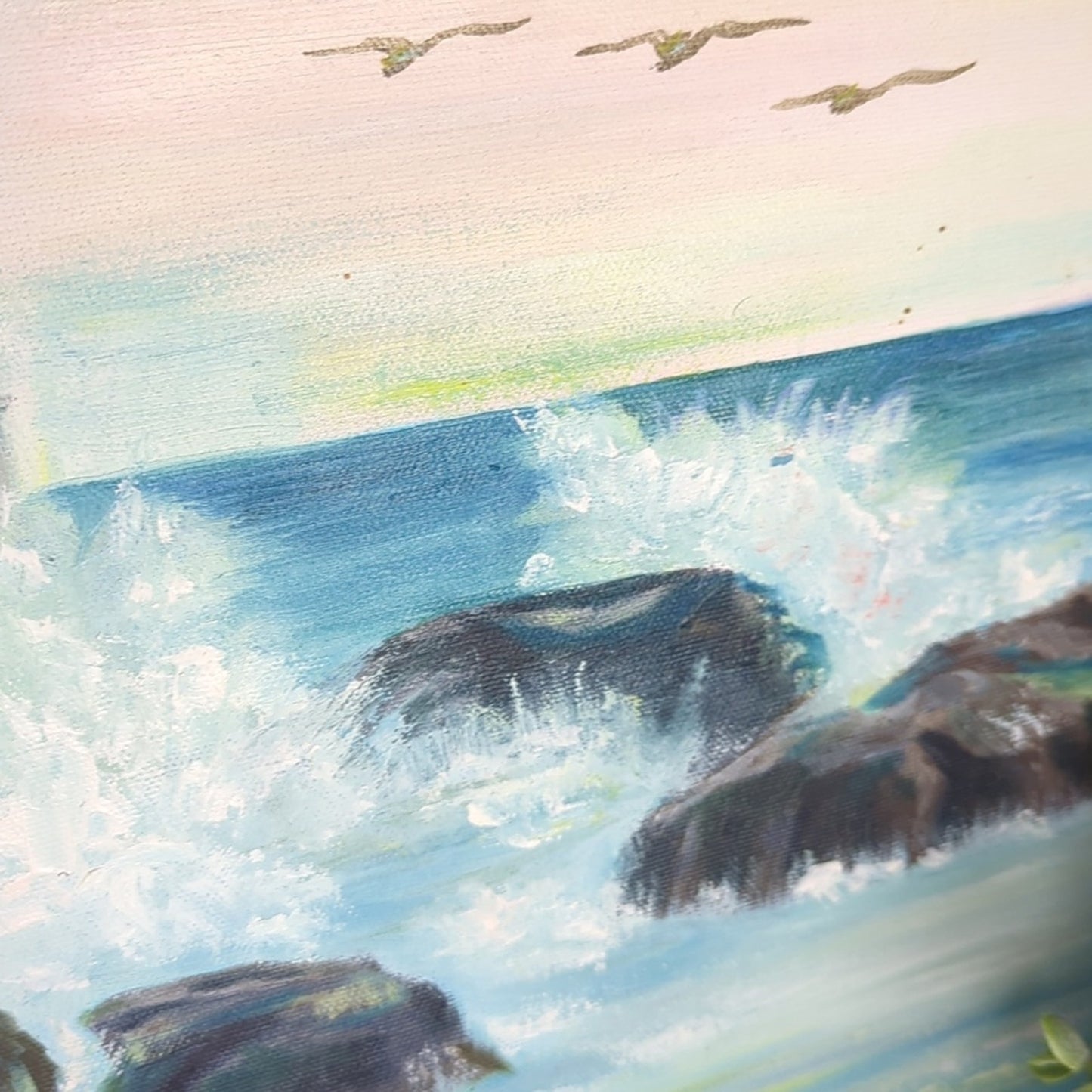 Vintage Storybook Lighthouse Cottage Painting Framed Coastal Wall Art