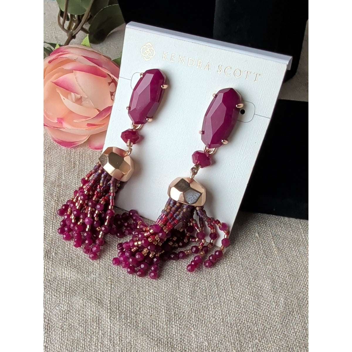 Kendra Scott Magenta Stone Tassel Earrings NWT Rose Gold Boho Luxe Statement