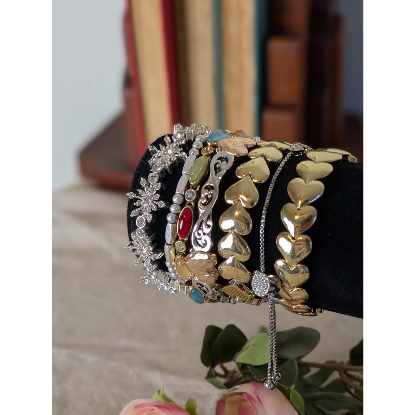 Eclectic Bracelet Stack Lot Gold Silver Rhinestone Gemstone Coquette Glam