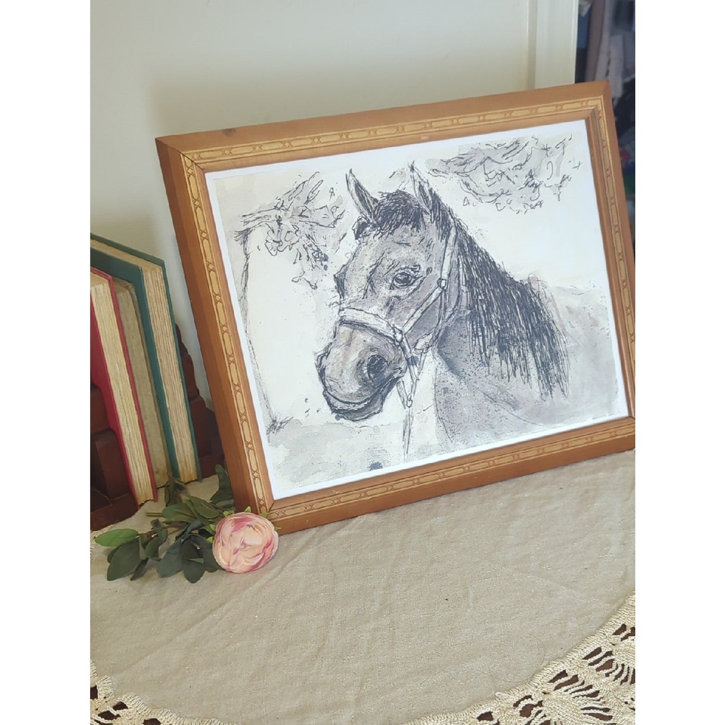 Framed Equestrian Horse Art Print, Neutral Rustic Study Vintage Style Wood Frame
