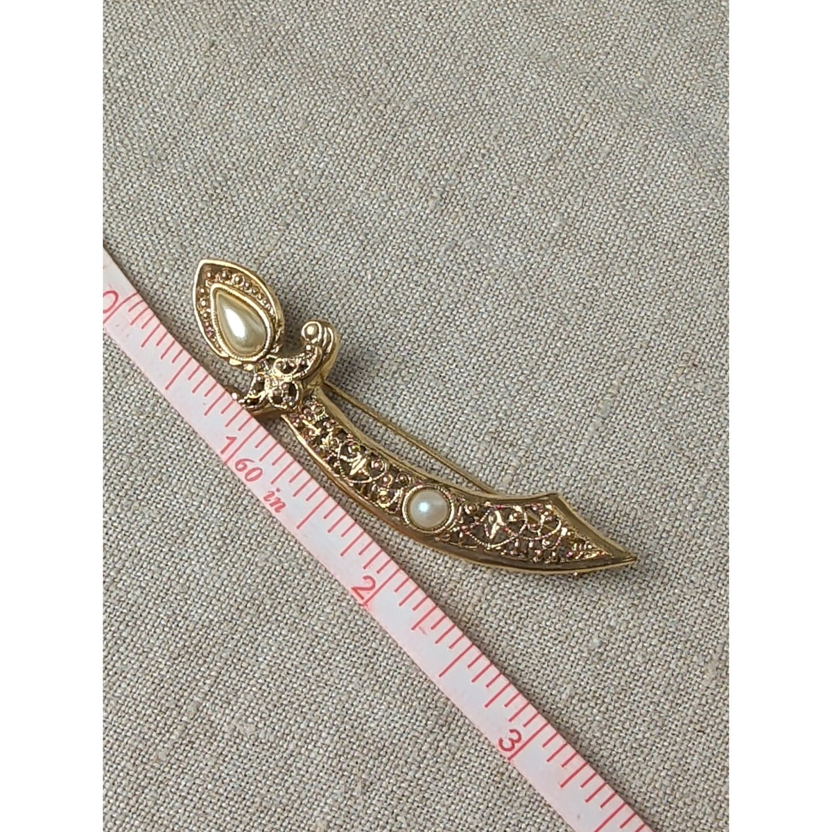 1928 Signed Sword Brooch Gold Tone Faux Pearl Filigree Vintage Style Jewelry