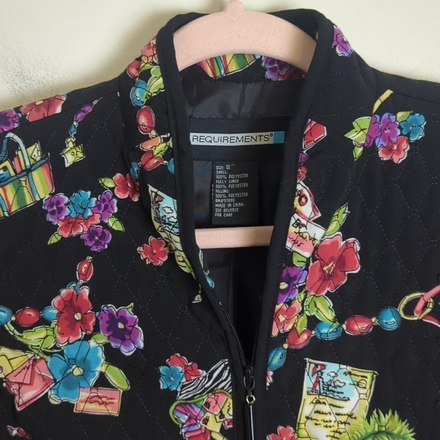 Vintage Quilted Stitched Art to Wear Zip-up Jacket Floral Stationary  Women's Sma…