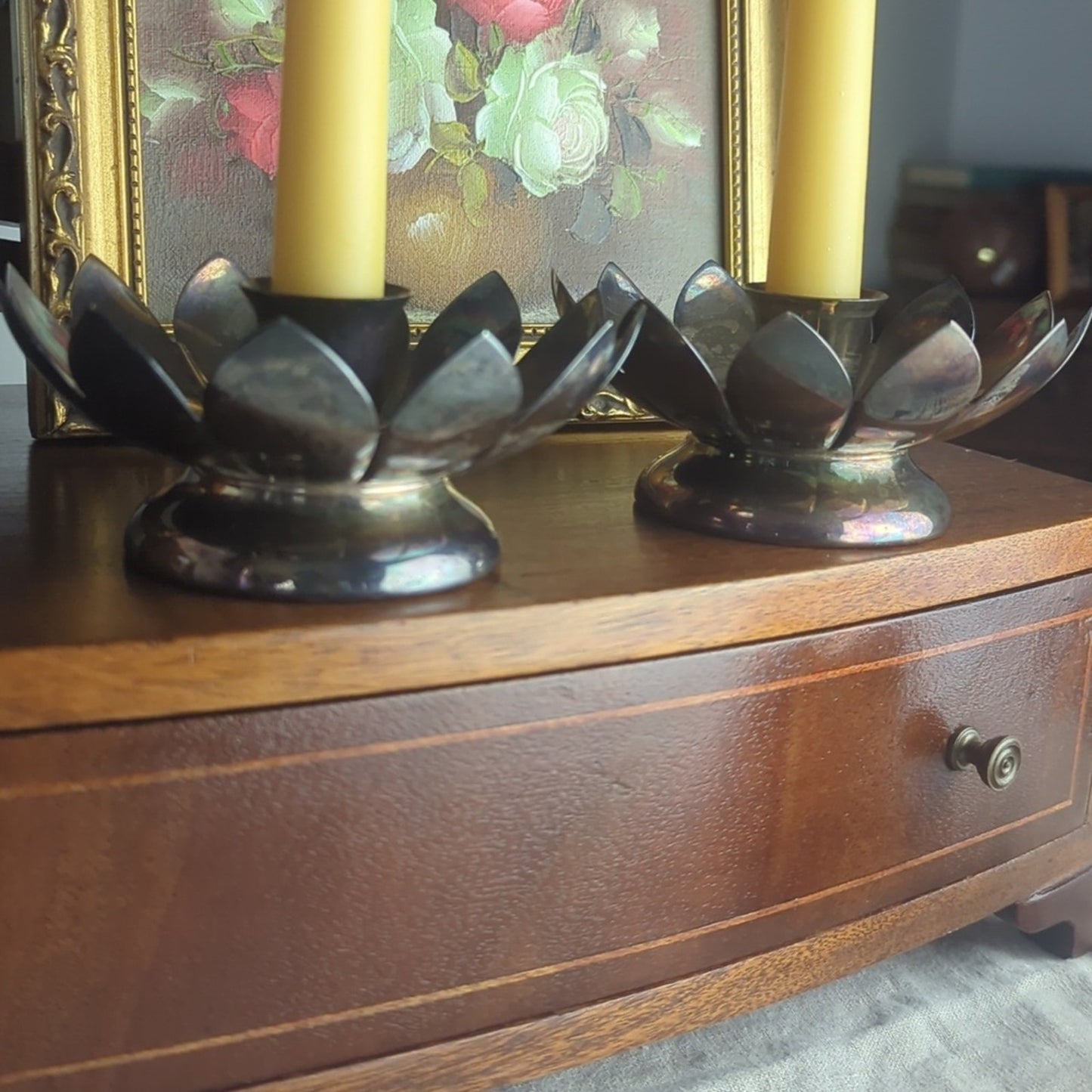 Vintage Silver Plated Candlestick Holders Floral Petal Lotus Hollywood Regency
