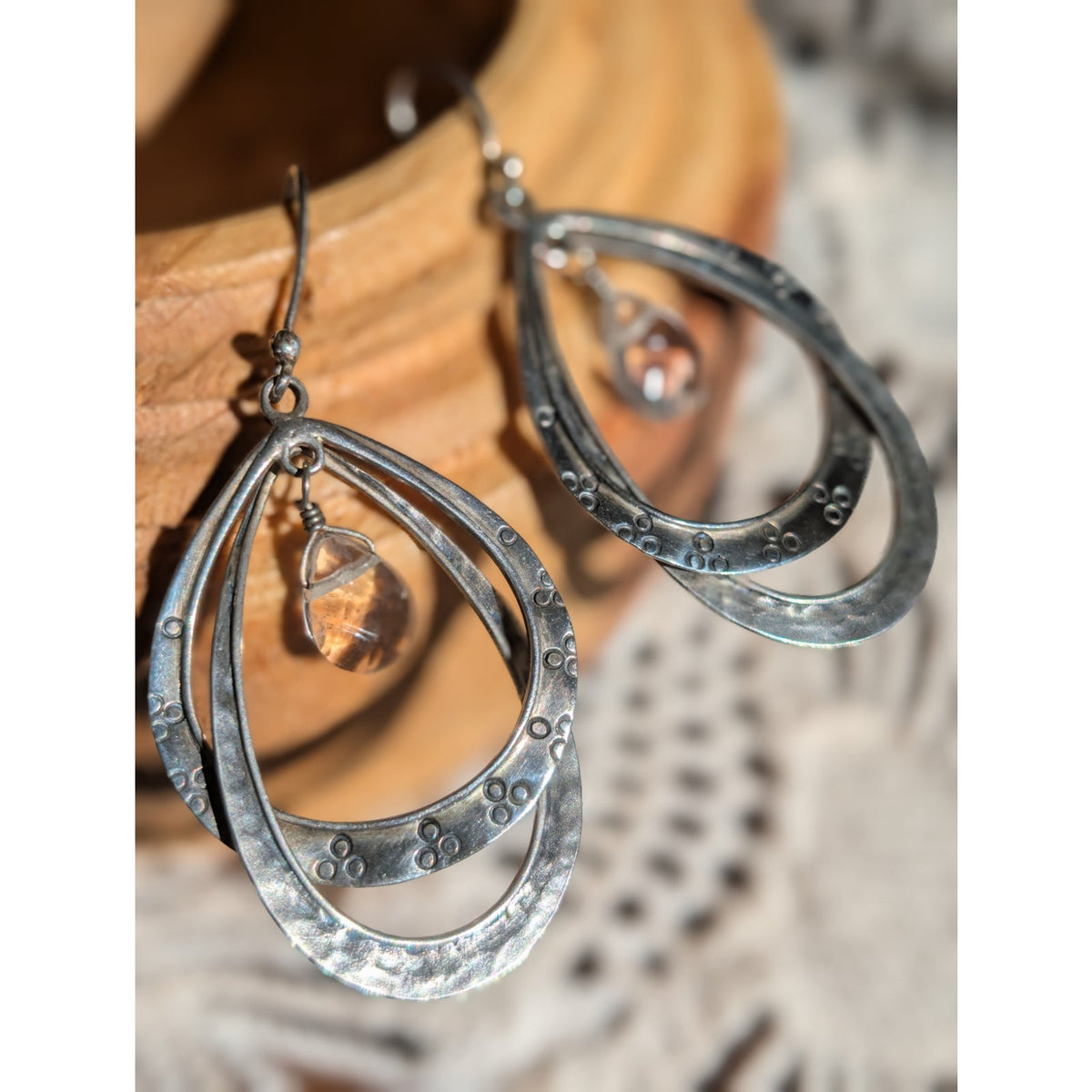 Vintage Silpada Sterling Silver Teardrop Double Hoop Dangle Earrings with Faceted Crystal Drops, Retired Boho Jewelry Style W1681